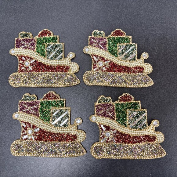 Pier 1 Imports Christmas Sleigh Beaded Coasters Discontinued Set of 4 - Picture 1 of 6